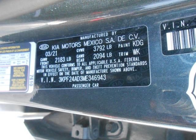2021 KIA FORTE(VIN: 3KPF24AD3ME346943