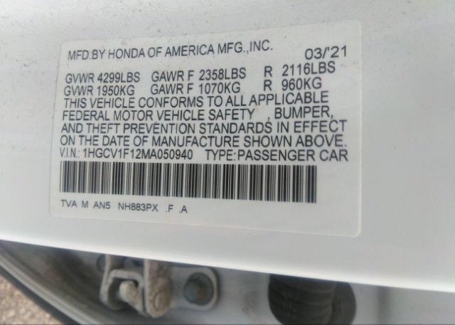 2021 HONDA ACCORD SEDAN(VIN: 1HGCV1F12MA050940