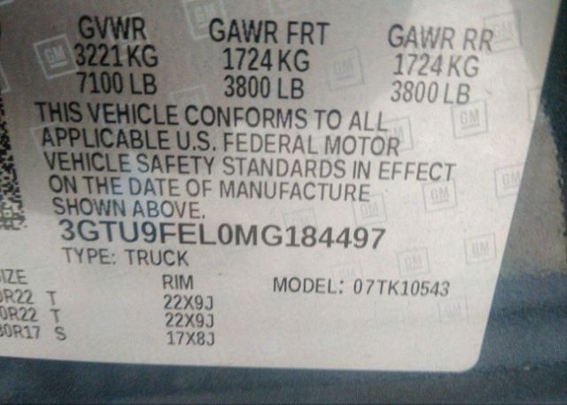 2021 GMC SIERRA 1500(VIN: 3GTU9FEL0MG184497