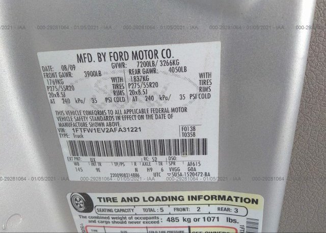 1FTFW1EV2AFA31221 2010 FORD F-150