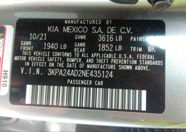 2022 KIA RIO(VIN: 3KPA24AD2NE435124