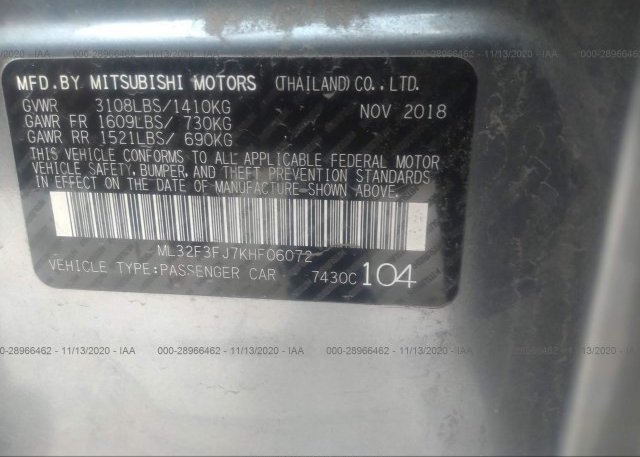 ML32F3FJ7KHF06072 2019 MITSUBISHI MIRAGE G4