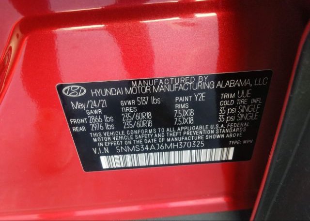 2021 HYUNDAI SANTA FE(VIN: 5NMS34AJ6MH370325