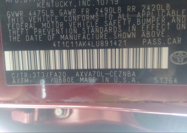 4T1C11AK4LU891421 2020 TOYOTA CAMRY