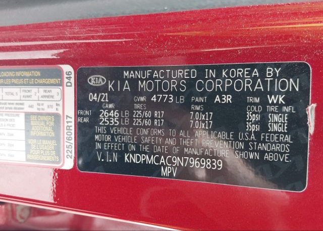 2022 KIA SPORTAGE(VIN: KNDPMCAC9N7969839