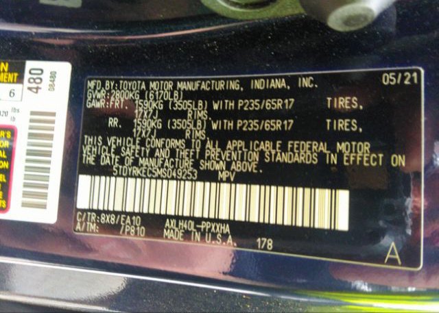 2021 TOYOTA SIENNA(VIN: 5TDYRKEC5MS049253