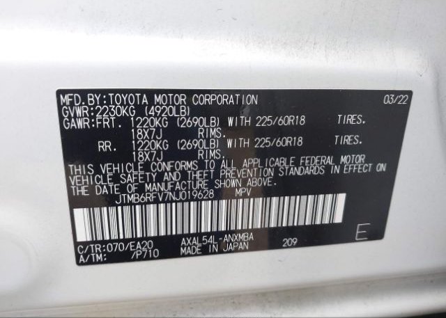 2022 TOYOTA RAV4(VIN: JTMB6RFV7NJ019628