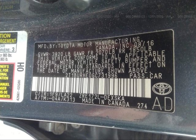 2T1BURHE0GC731996 2016 TOYOTA COROLLA