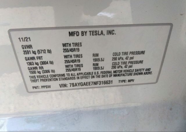 2022 TESLA MODEL Y(VIN: 7SAYGAEE7NF316631