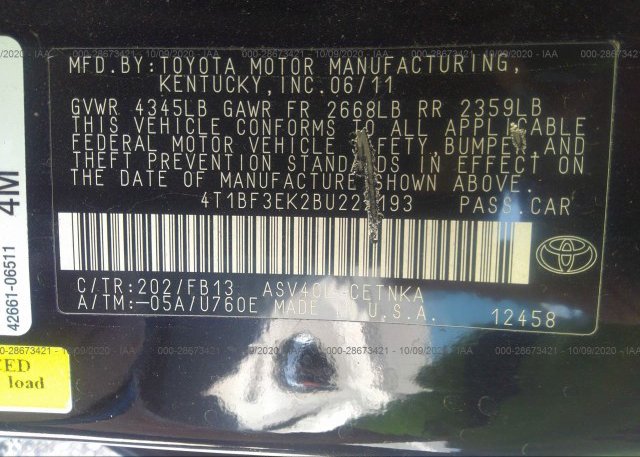4T1BF3EK2BU222193 2011 TOYOTA CAMRY