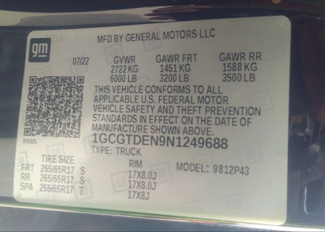 2022 CHEVROLET COLORADO(VIN: 1GCGTDEN9N1249688