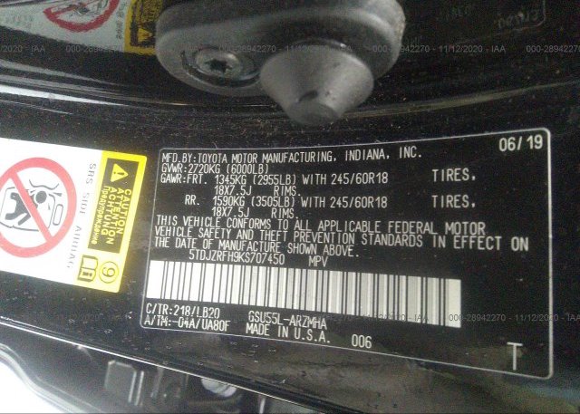 5TDJZRFH9KS707450 2019 TOYOTA HIGHLANDER