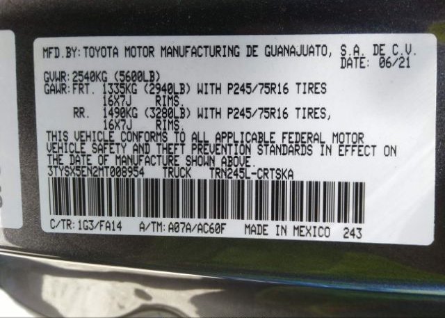 2021 TOYOTA TACOMA 4WD(VIN: 3TYSX5EN2MT008954