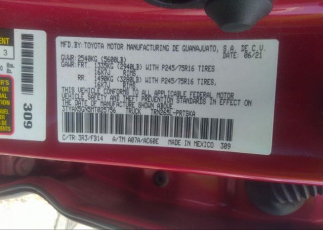 2021 TOYOTA TACOMA 2WD(VIN: 3TYAX5GN5MT025756