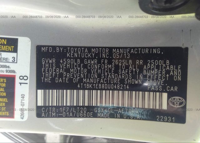4T1BK1EB8DU048214 2013 TOYOTA AVALON