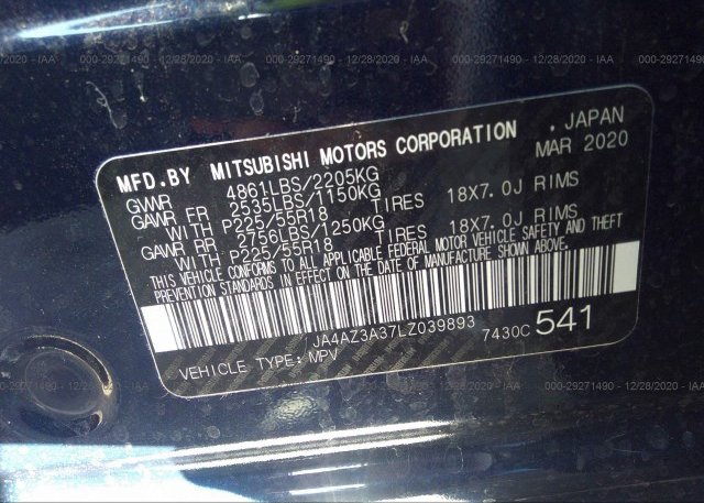 JA4AZ3A37LZ039893 2020 MITSUBISHI OUTLANDER