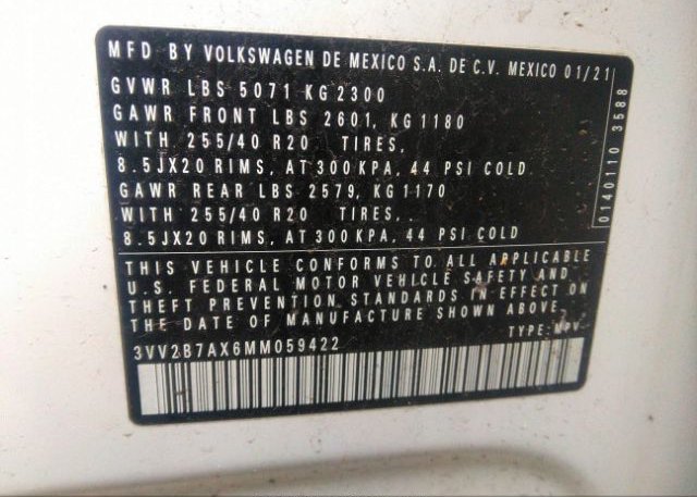 2021 VOLKSWAGEN TIGUAN(VIN: 3VV2B7AX6MM059422
