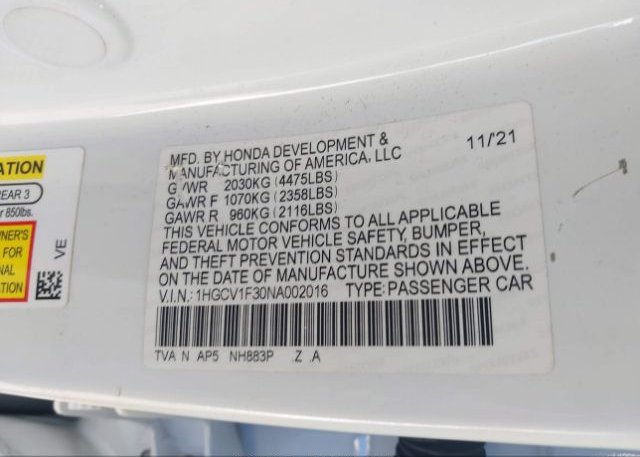 2022 HONDA ACCORD SEDAN(VIN: 1HGCV1F30NA002016