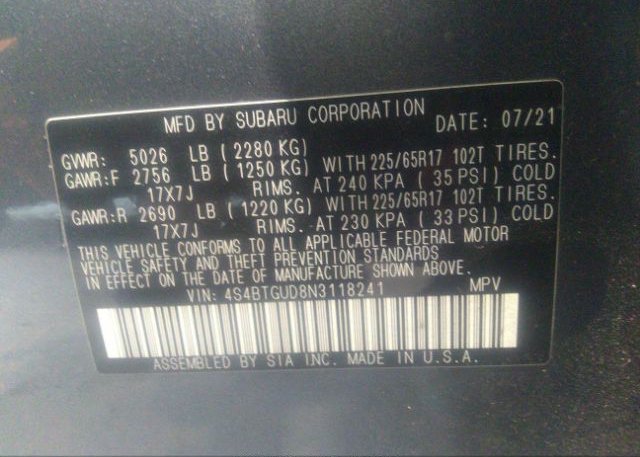 2022 SUBARU OUTBACK(VIN: 4S4BTGUD8N3118241