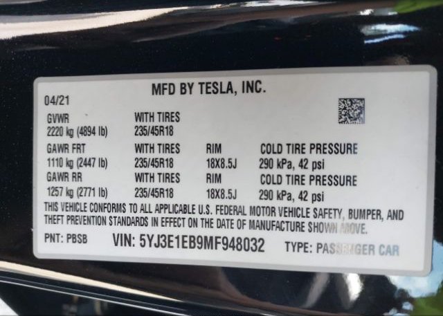 2021 TESLA MODEL 3(VIN: 5YJ3E1EB9MF948032