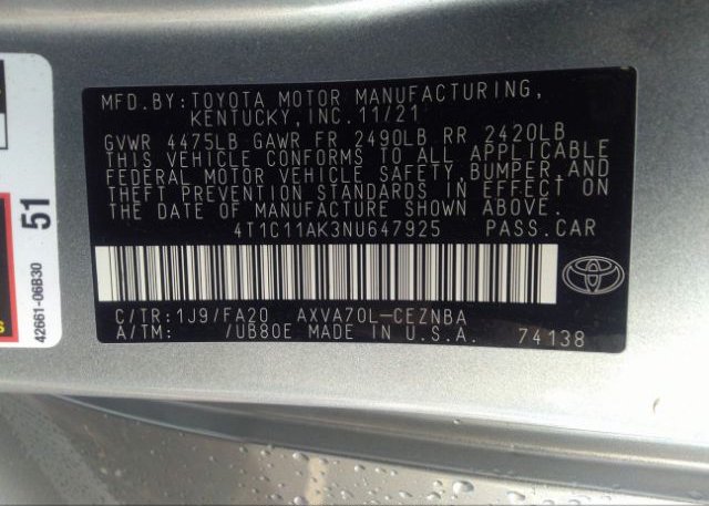 2022 TOYOTA CAMRY(VIN: 4T1C11AK3NU647925