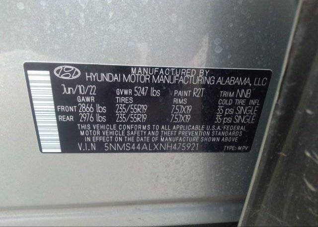 2022 HYUNDAI SANTA FE(VIN: 5NMS44ALXNH475921