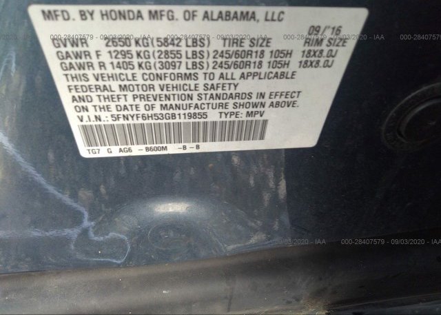 5FNYF6H53GB119855 2016 HONDA PILOT