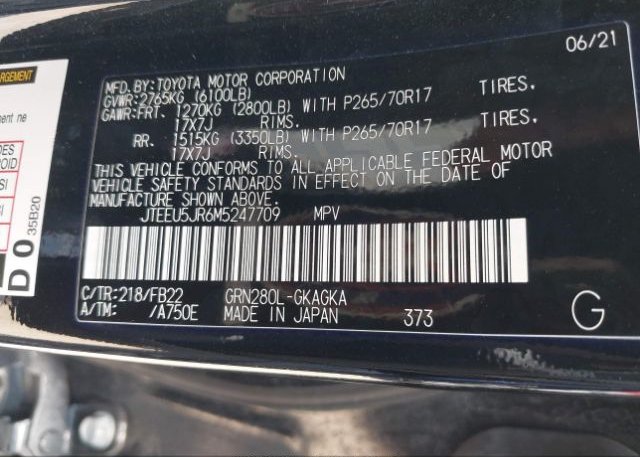 2021 TOYOTA 4RUNNER(VIN: JTEEU5JR6M5247709