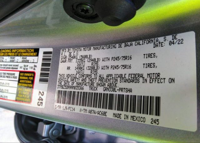 2022 TOYOTA TACOMA 2WD(VIN: 3TMBZ5DN9NM035366