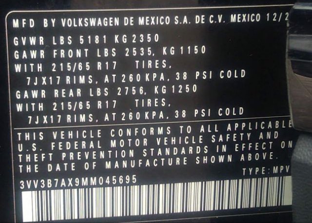 2021 VOLKSWAGEN TIGUAN(VIN: 3VV3B7AX9MM045695