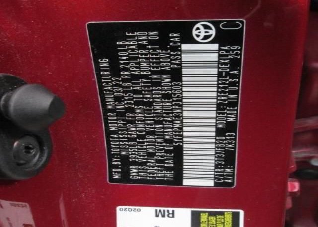 2022 TOYOTA COROLLA(VIN: 5YFEPMAE3NP315603