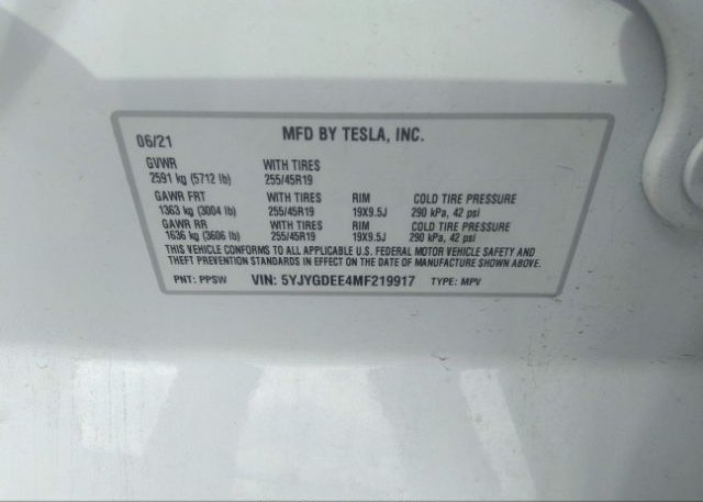 2021 TESLA MODEL Y(VIN: 5YJYGDEE4MF219917