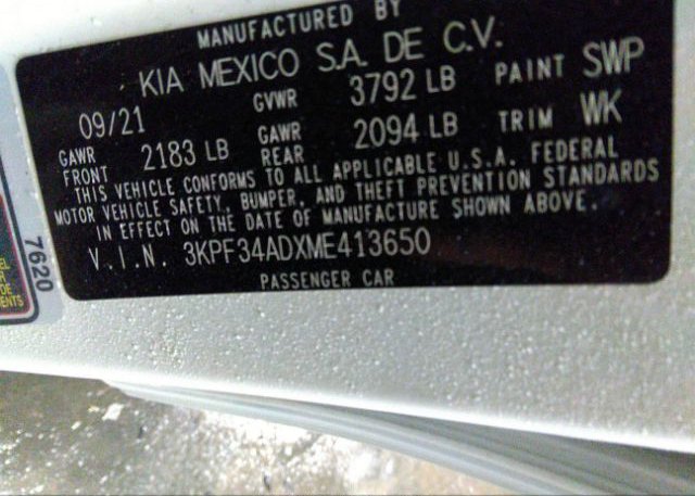 2021 KIA FORTE(VIN: 3KPF34ADXME413650