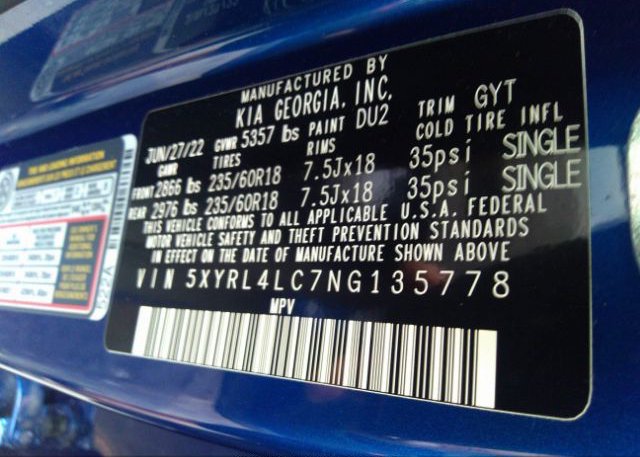 2022 KIA SORENTO(VIN: 5XYRL4LC7NG135778