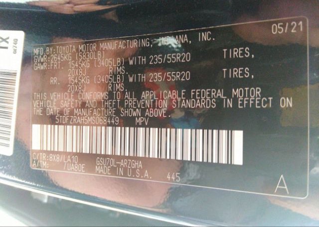 2021 TOYOTA HIGHLANDER(VIN: 5TDFZRAH5MS068449