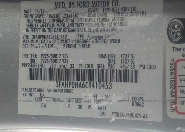 3FAHP0HA6CR410453 2012 FORD FUSION