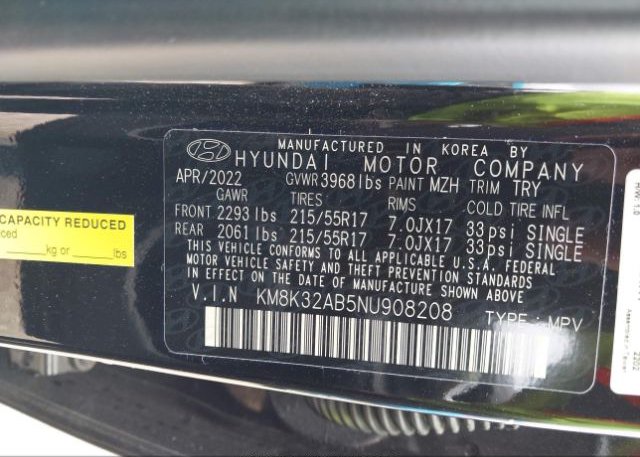 2022 HYUNDAI KONA(VIN: KM8K32AB5NU908208