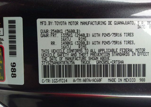 2022 TOYOTA TACOMA 4WD(VIN: 3TYSZ5AN6NT076756