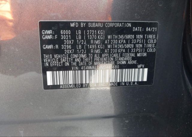 2021 SUBARU ASCENT(VIN: 4S4WMALD9M3445680
