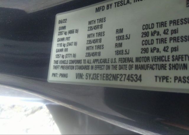 2022 TESLA MODEL 3(VIN: 5YJ3E1EB2NF274534
