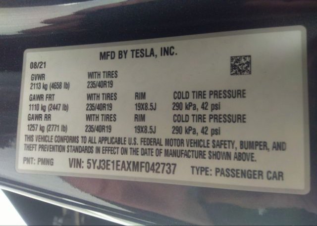 2021 TESLA MODEL 3(VIN: 5YJ3E1EAXMF042737