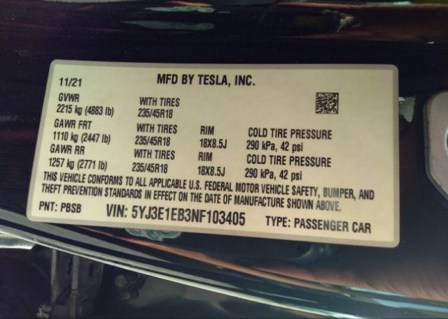 2022 TESLA MODEL 3(VIN: 5YJ3E1EB3NF103405