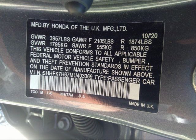 2021 HONDA CIVIC HATCHBACK(VIN: SHHFK7H67MU403369