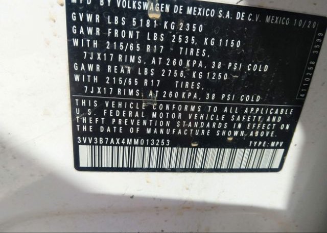 2021 VOLKSWAGEN TIGUAN(VIN: 3VV3B7AX4MM013253