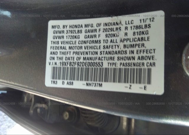 19XFB2F92DE000553 2013 HONDA CIVIC SDN