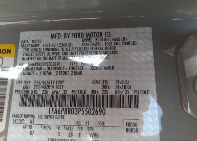 2023 FORD MUSTANG(VIN: 1FA6P8R03P5502690