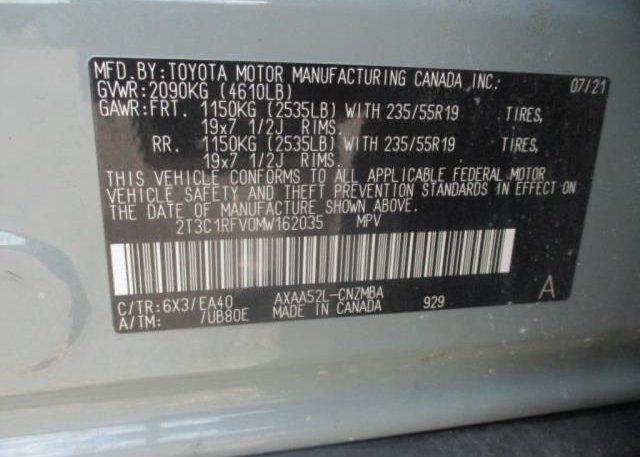 2021 TOYOTA RAV4(VIN: 2T3C1RFV0MW162035
