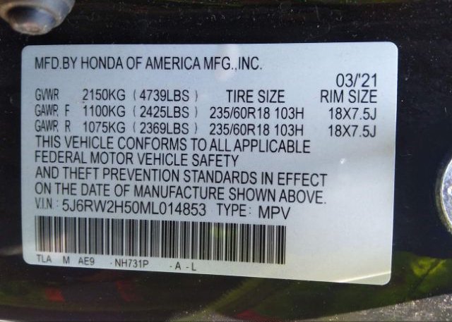 2021 HONDA CR-V(VIN: 5J6RW2H50ML014853