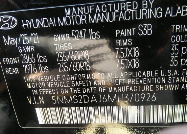 2021 HYUNDAI SANTA FE(VIN: 5NMS2DAJ6MH370926