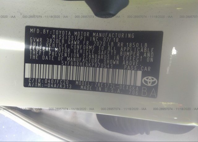 5YFBURHE6KP870541 2019 TOYOTA COROLLA